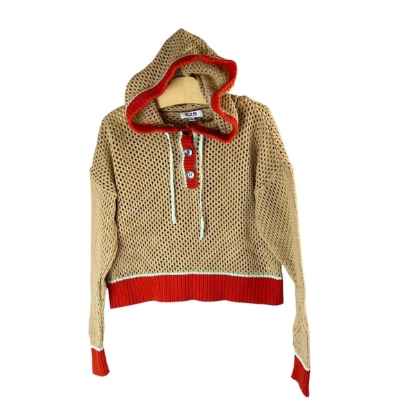525 - Colorblock Henley Crochet Hoodie in Toast Size XS - Picture 2 of 7